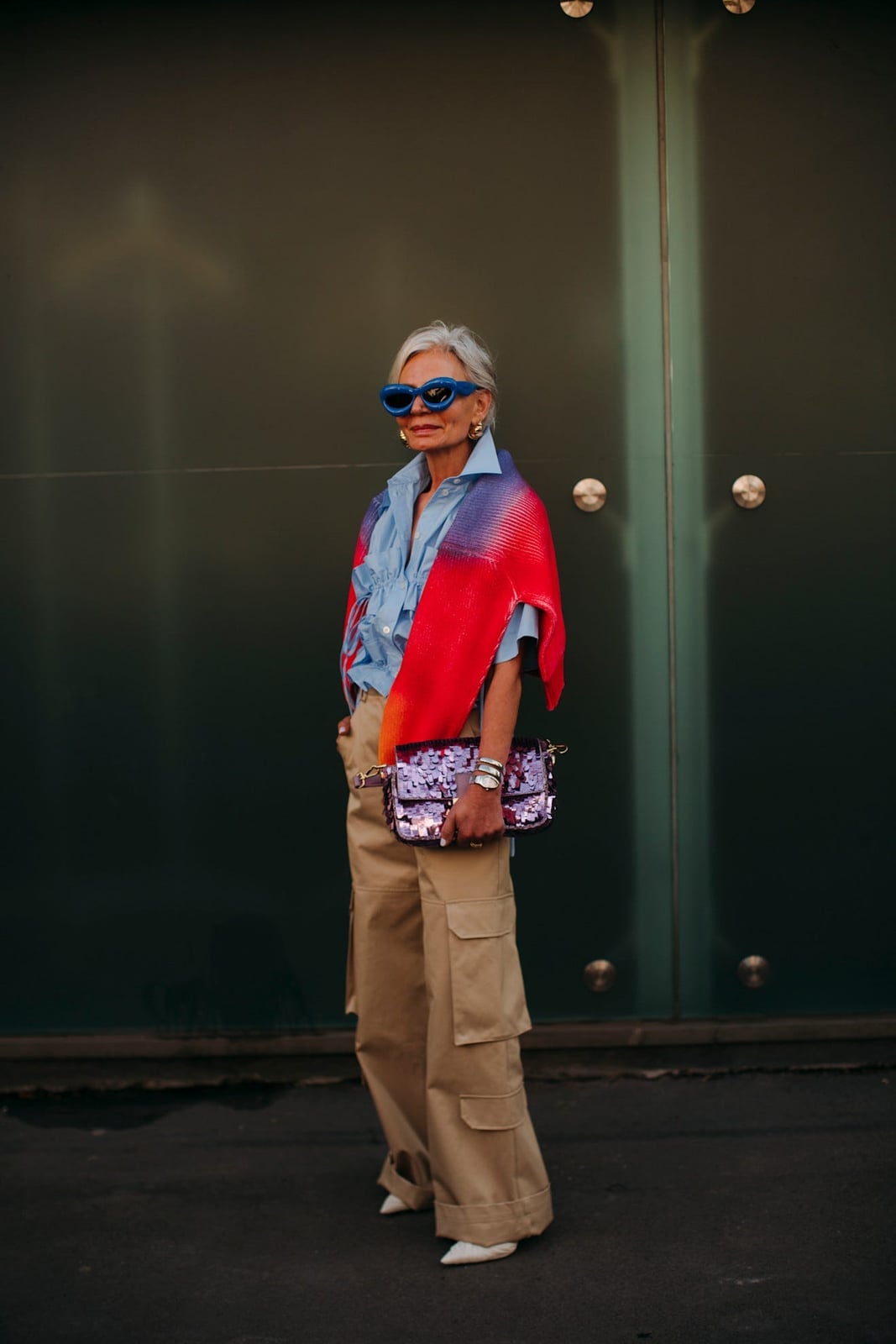 Blue Button-Down Shirt with Wide-Leg Cargo Pants — Classy Edgy Outfits