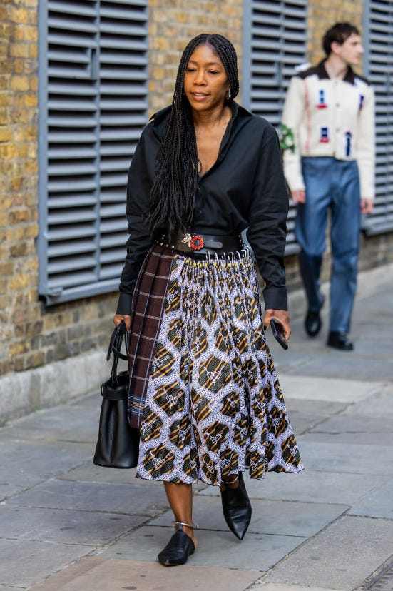 Black Button-Down with a Printed Pleated Midi, Office-Safe Version — Classy Edgy Outfits