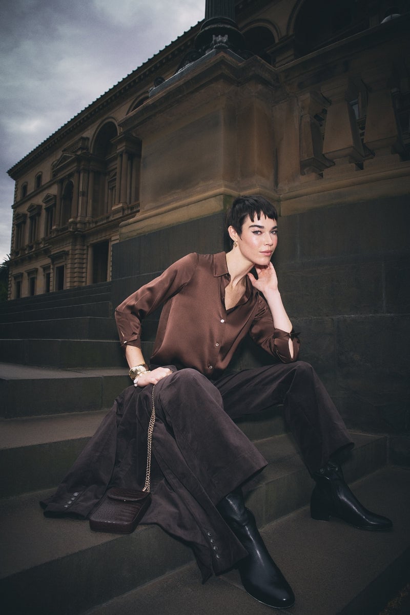 Brown Silk Shirt with Wide-Leg Corduroy Trousers — Classy Edgy Outfits