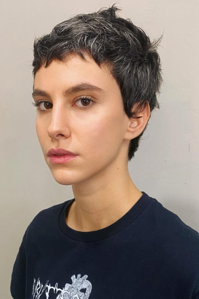 Dark Brown Pixie With Grey Streaks Dark Brown Pixie With Grey Streaks — Classy Edgy Pixie