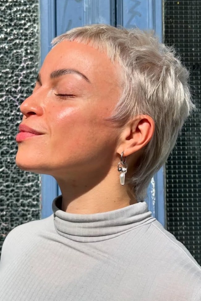 Silver Blonde Pixie With Micro Fringe Silver Blonde Pixie With Micro Fringe — Classy Edgy Pixie