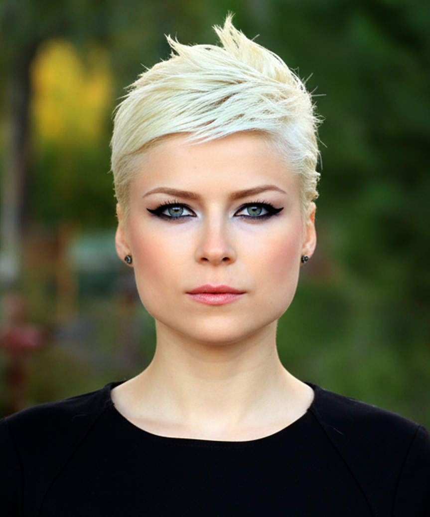 Textured Platinum Blonde Pixie With Fringe, Ear Textured Platinum Blonde Pixie With Fringe, Ear — Classy Edgy Pixie