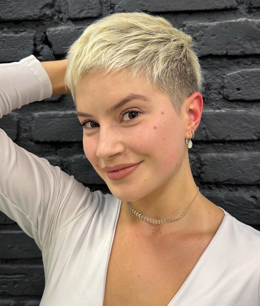 Sleek Platinum Blonde Pixie Sleek Platinum Blonde Pixie — Classy Edgy Pixie