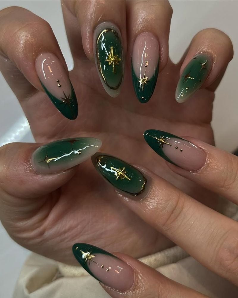 Long Almond French Tips with Gold Star Charms Long Almond French Tips with Gold Star Charms — Classy Emerald Green Nails