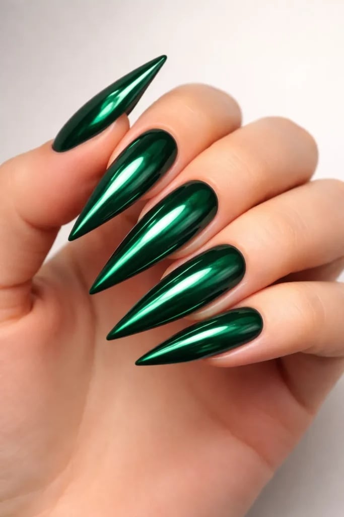Long Stiletto Emerald Green Chrome Nails Long Stiletto Emerald Green Chrome Nails — Classy Emerald Green Nails