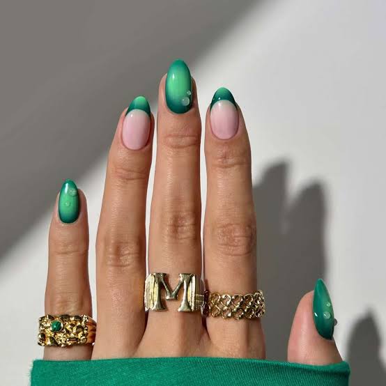 Almond French Manicure Aura Effect Almond French Manicure Aura Effect — Classy Emerald Green Nails