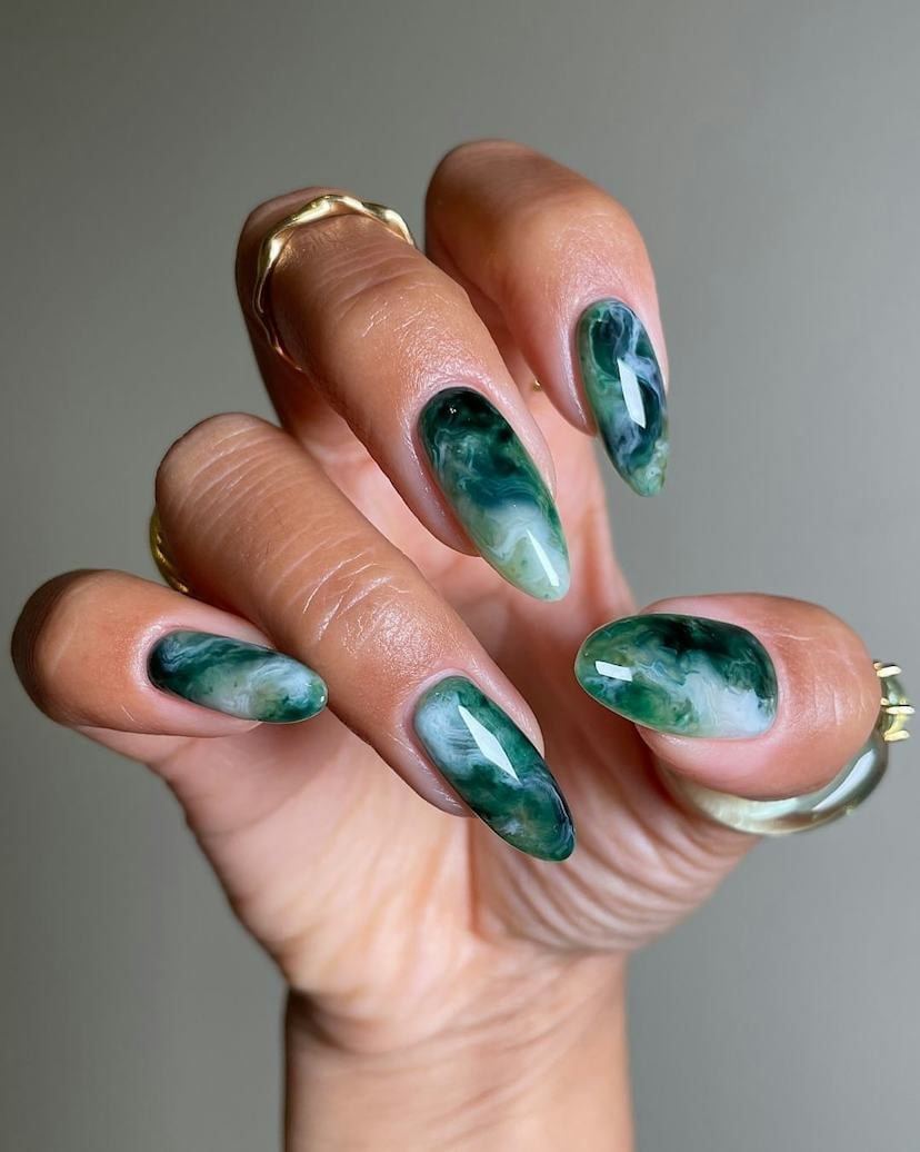 Long Oval Jade Marble Nails Long Oval Jade Marble Nails — Classy Emerald Green Nails