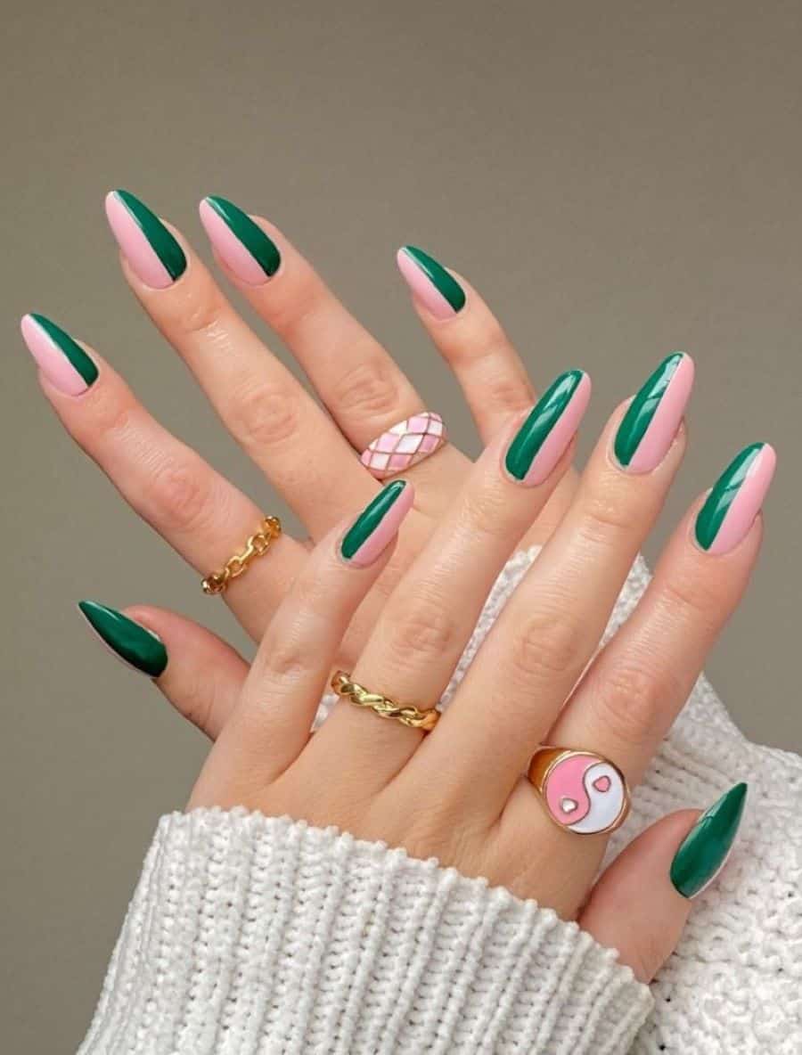 Emerald Green Pink Geometric Almond Nails Emerald Green Pink Geometric Almond Nails — Classy Emerald Green Nails