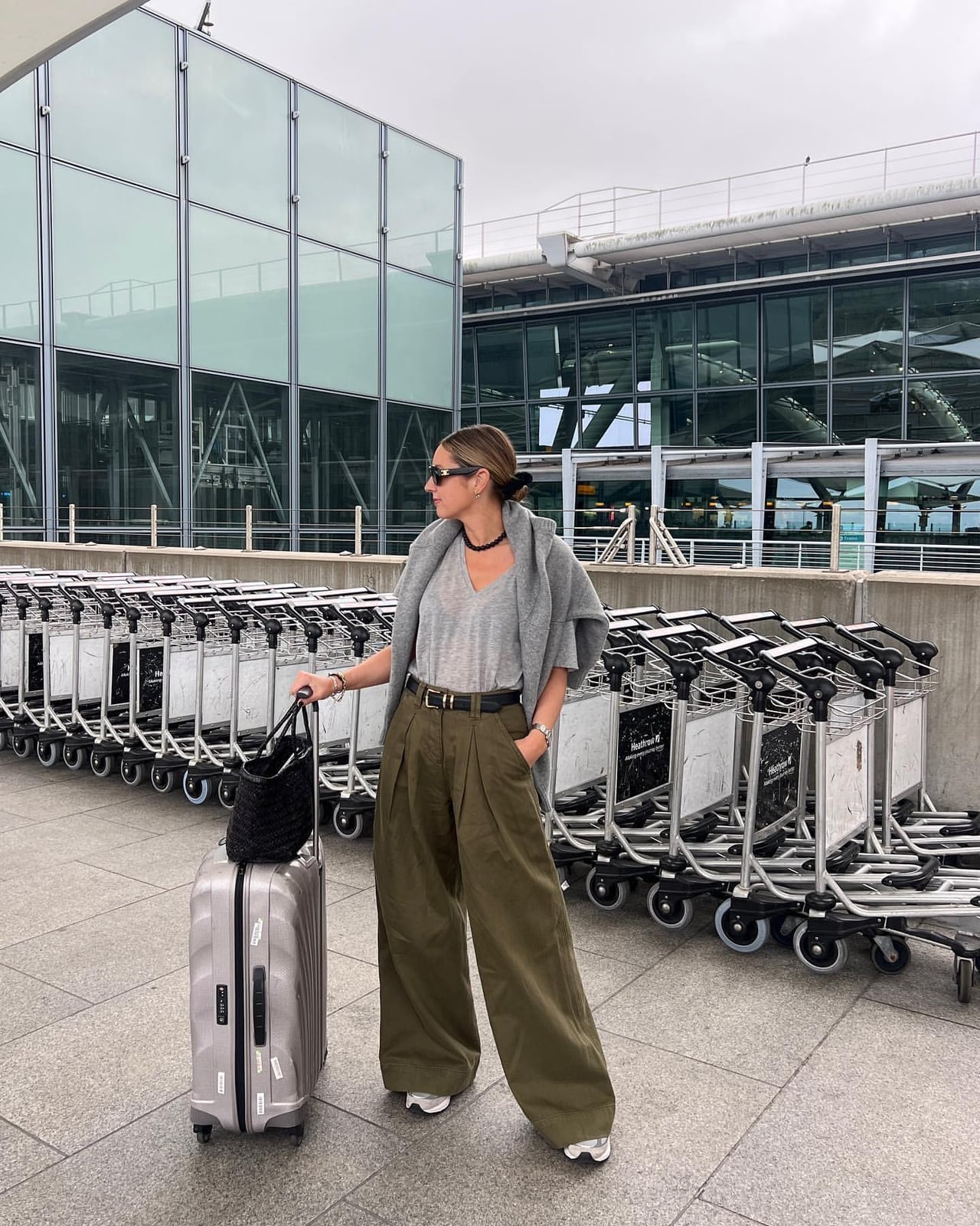 Olive Green Wide Leg Trousers with a Grey Knit Outfit Olive Green Wide Leg Trousers with a Grey Knit Outfit — Classy Errands Outfits
