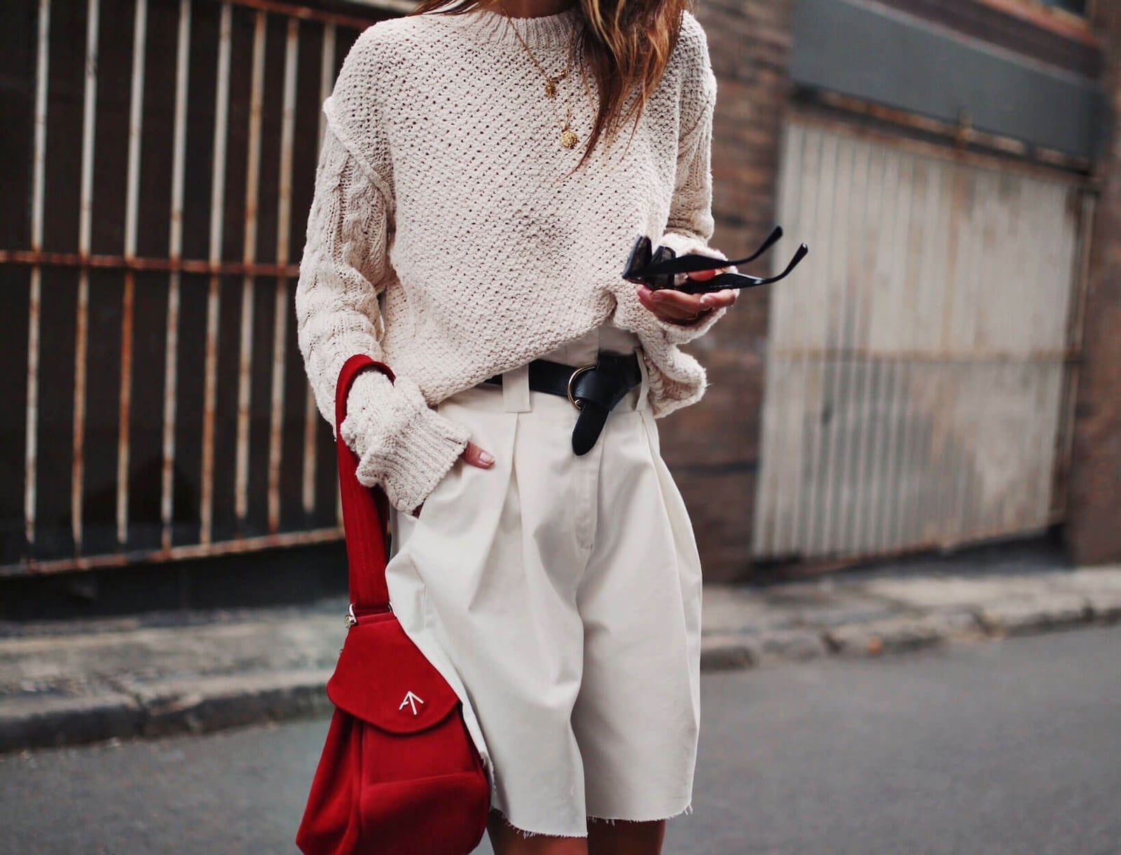 Cream Cable-Knit Sweater with Tailored Shorts and Red Crossbody Bag Cream Cable-Knit Sweater with Tailored Shorts and Red Crossbody Bag — Classy Errands Outfits
