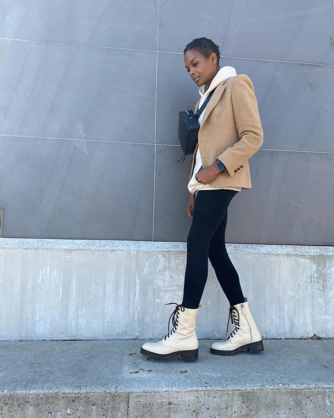 Camel Blazer Over Cream Hoodie with Black Leggings Camel Blazer Over Cream Hoodie with Black Leggings — Classy Errands Outfits