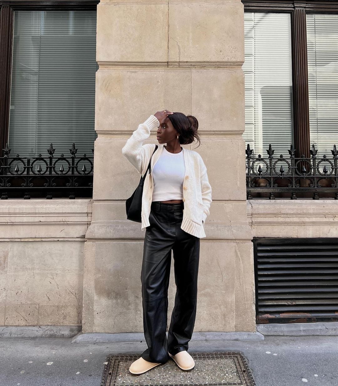 Black Leather Wide Leg Trousers with Ivory Knit Cardigan Black Leather Wide Leg Trousers with Ivory Knit Cardigan — Classy Errands Outfits