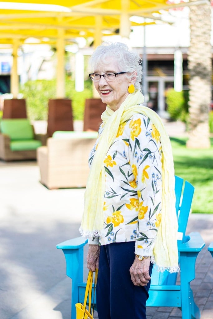 Floral Print Cardigan with Navy Trousers and Yellow Accessories Floral Print Cardigan with Navy Trousers and Yellow Accessories — Classy Errands Outfits