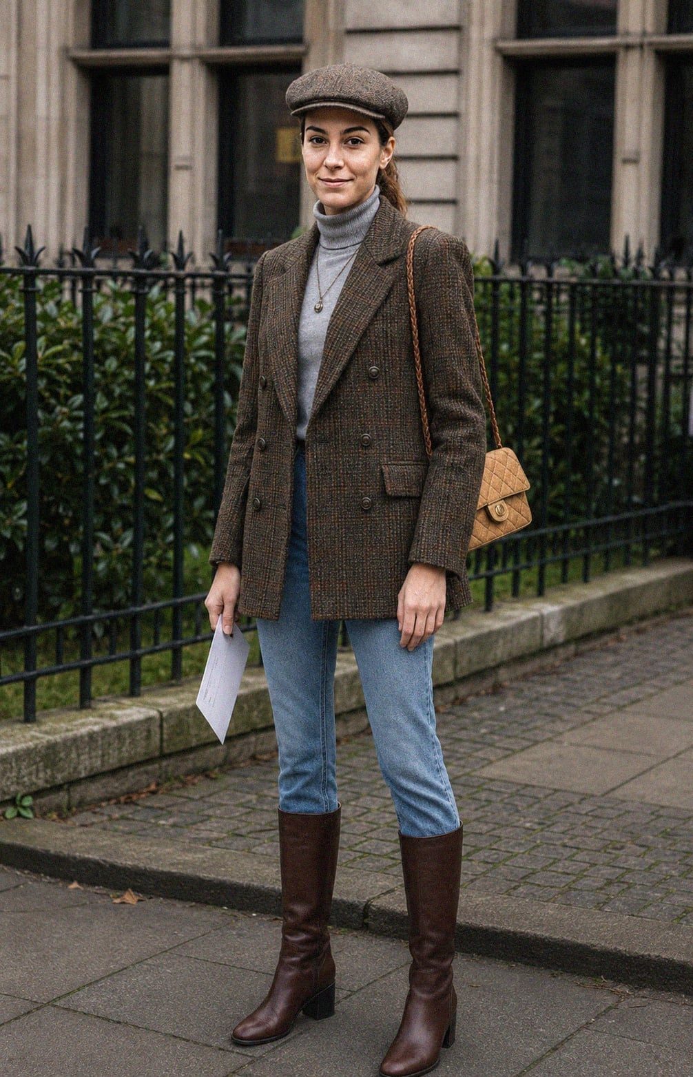 Brown Tweed Blazer Over Grey Turtleneck and Denim Jeans Brown Tweed Blazer Over Grey Turtleneck and Denim Jeans — Classy Errands Outfits