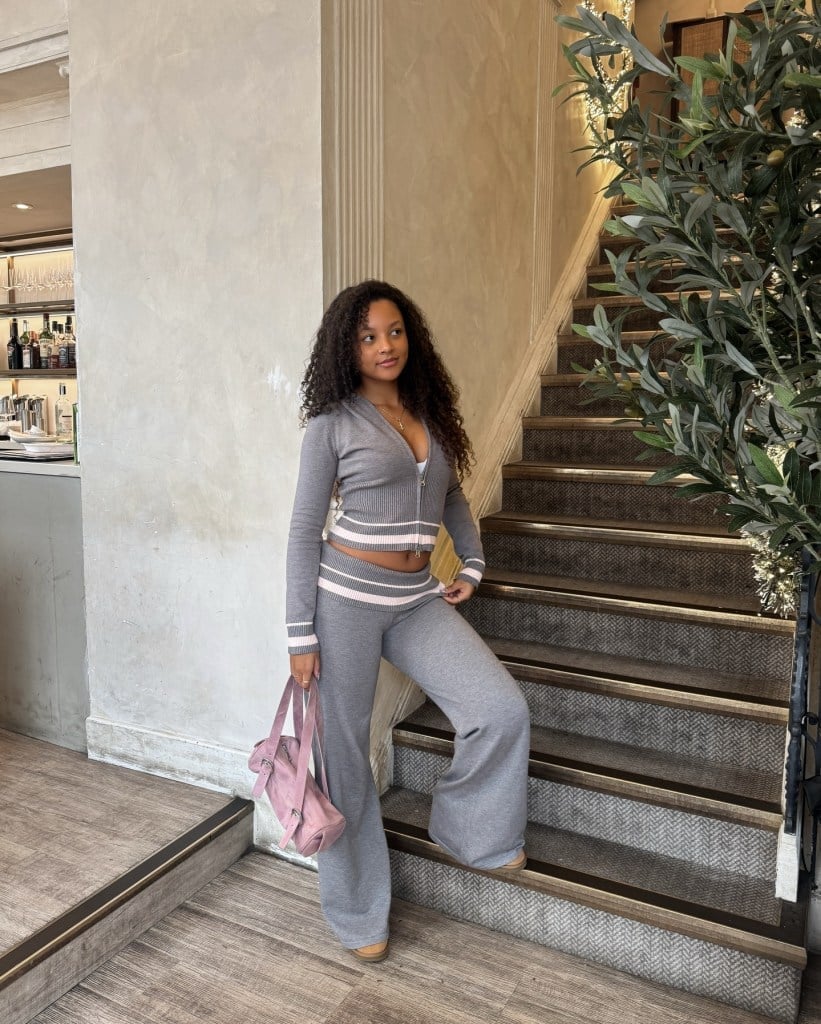 Grey Loungewear Set with Pink Trim and Tan Slides Grey Loungewear Set with Pink Trim and Tan Slides — Classy Errands Outfits