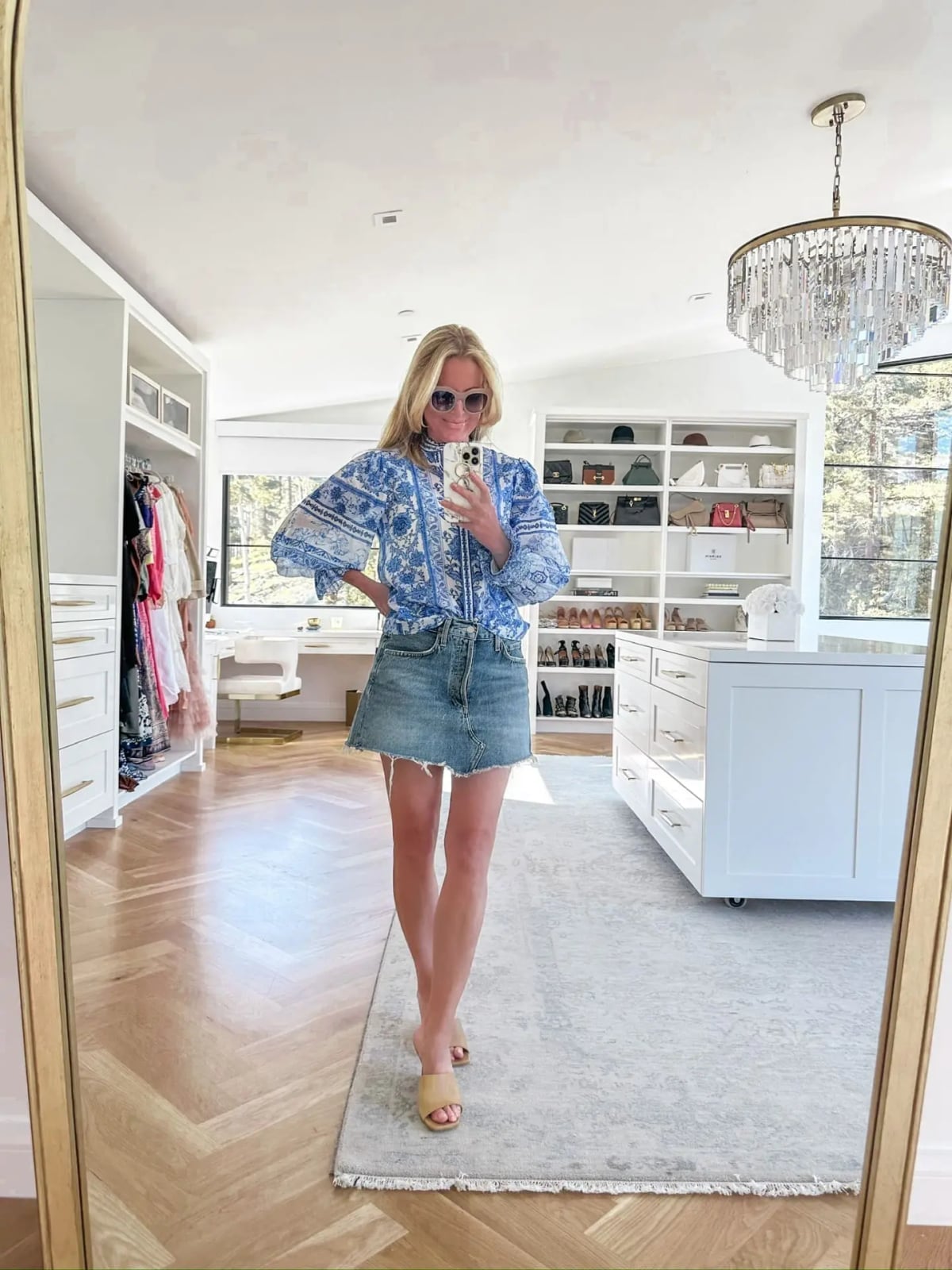 Patterned Blouse with Distressed Denim Mini Skirt Patterned Blouse with Distressed Denim Mini Skirt — Classy Errands Outfits