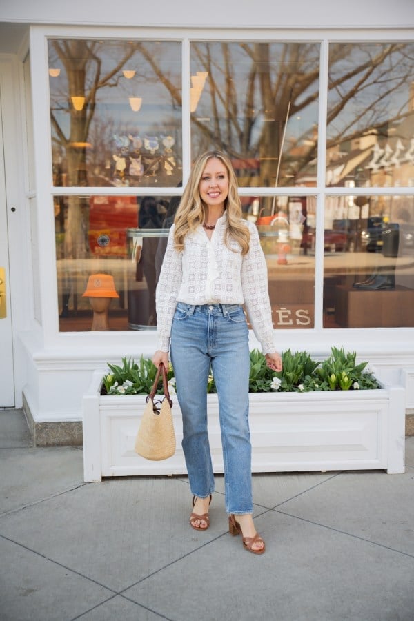 White Eyelet Blouse with Straight Leg Jeans and Block Heel Sandals White Eyelet Blouse with Straight Leg Jeans and Block Heel Sandals — Classy Errands Outfits