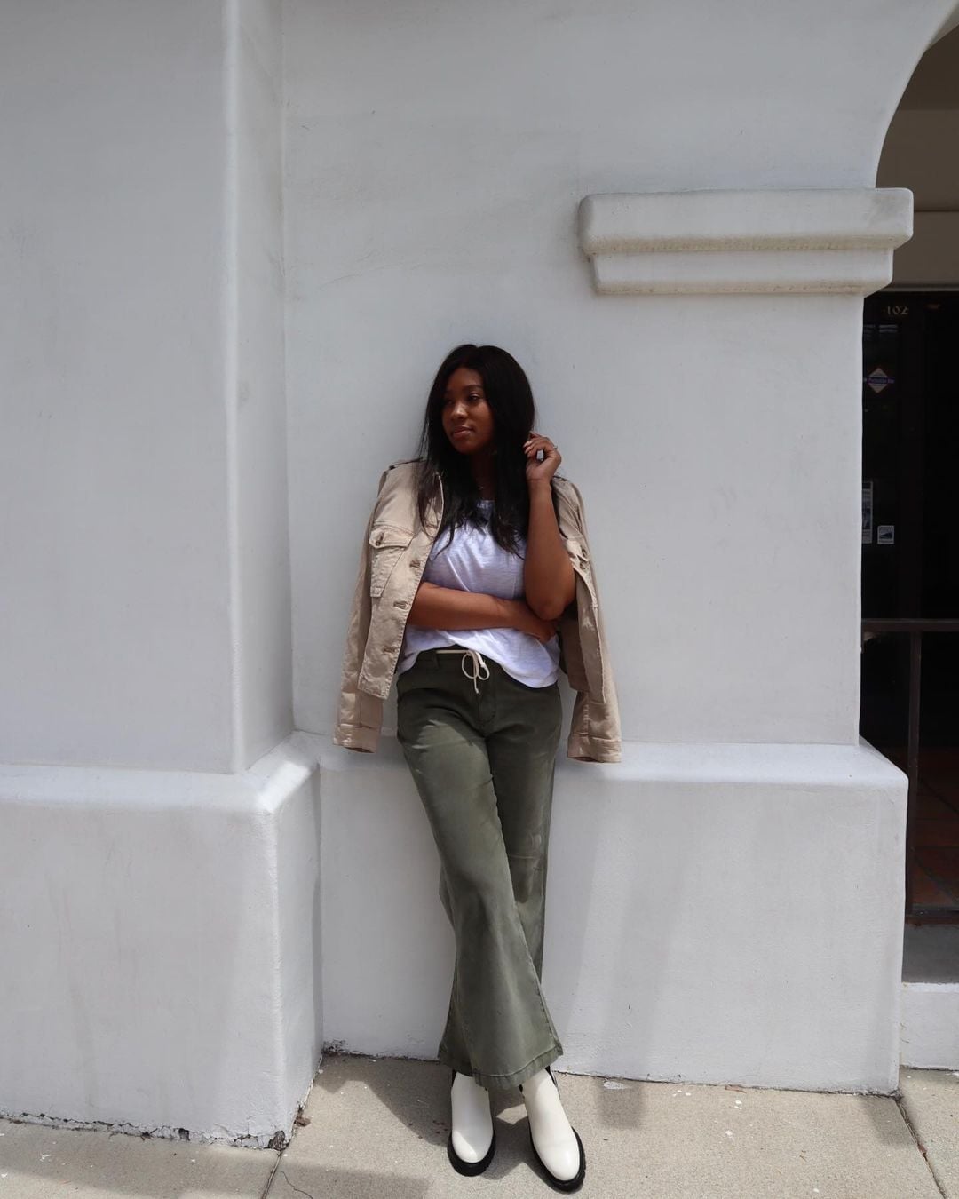 Beige Utility Jacket with White T-Shirt and Olive Green Wide Leg Beige Utility Jacket with White T-Shirt and Olive Green Wide Leg — Classy Errands Outfits