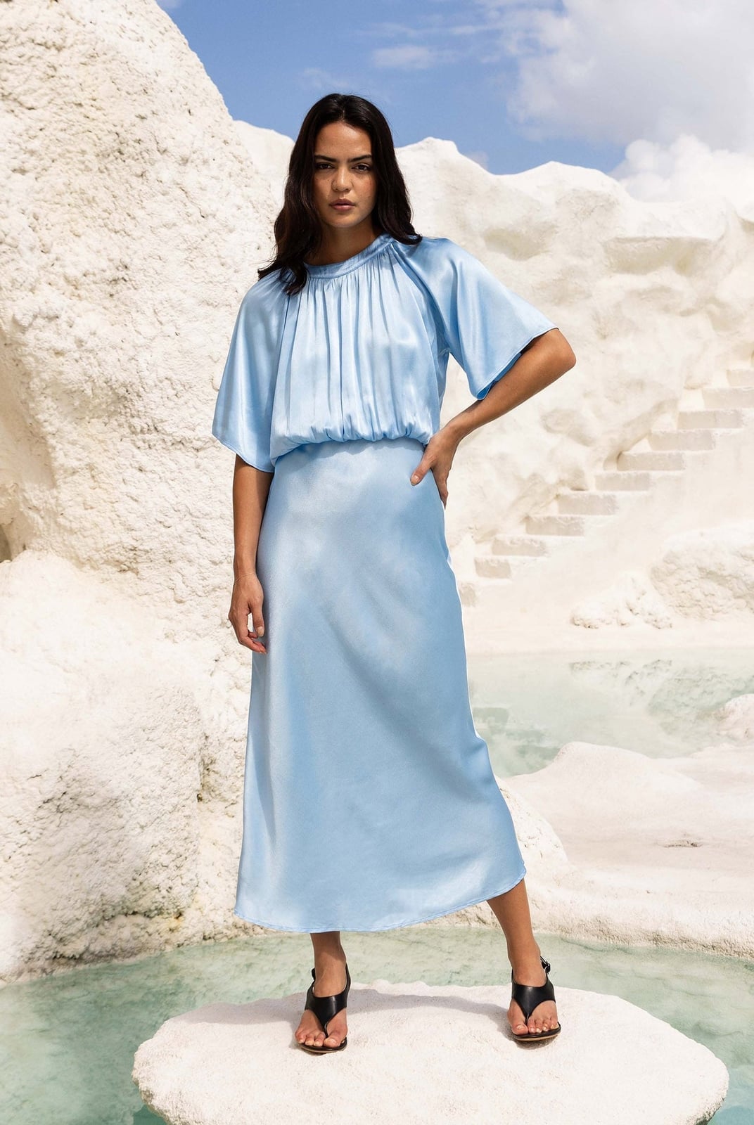 Light Blue Satin Dress with Gathered Neckline Light Blue Satin Dress with Gathered Neckline — Classy Euphoria Outfits