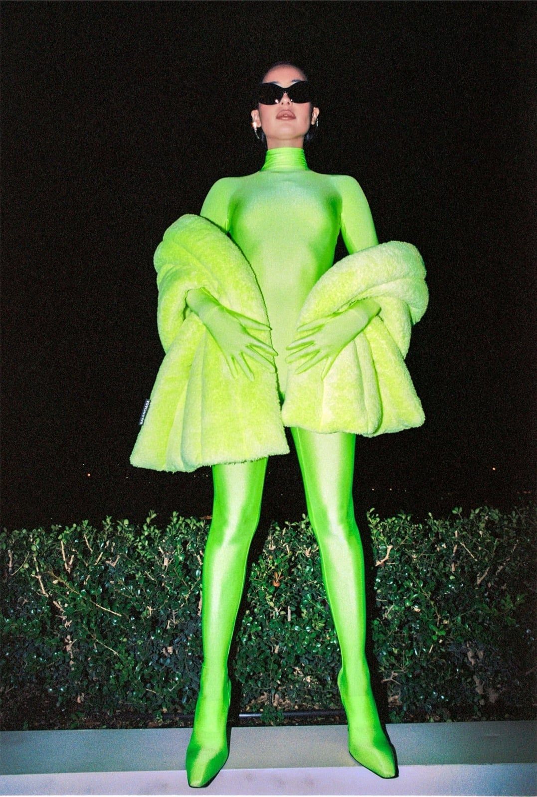Vibrant Lime Green Catsuit and Fluffy Coat Vibrant Lime Green Catsuit and Fluffy Coat — Classy Euphoria Outfits