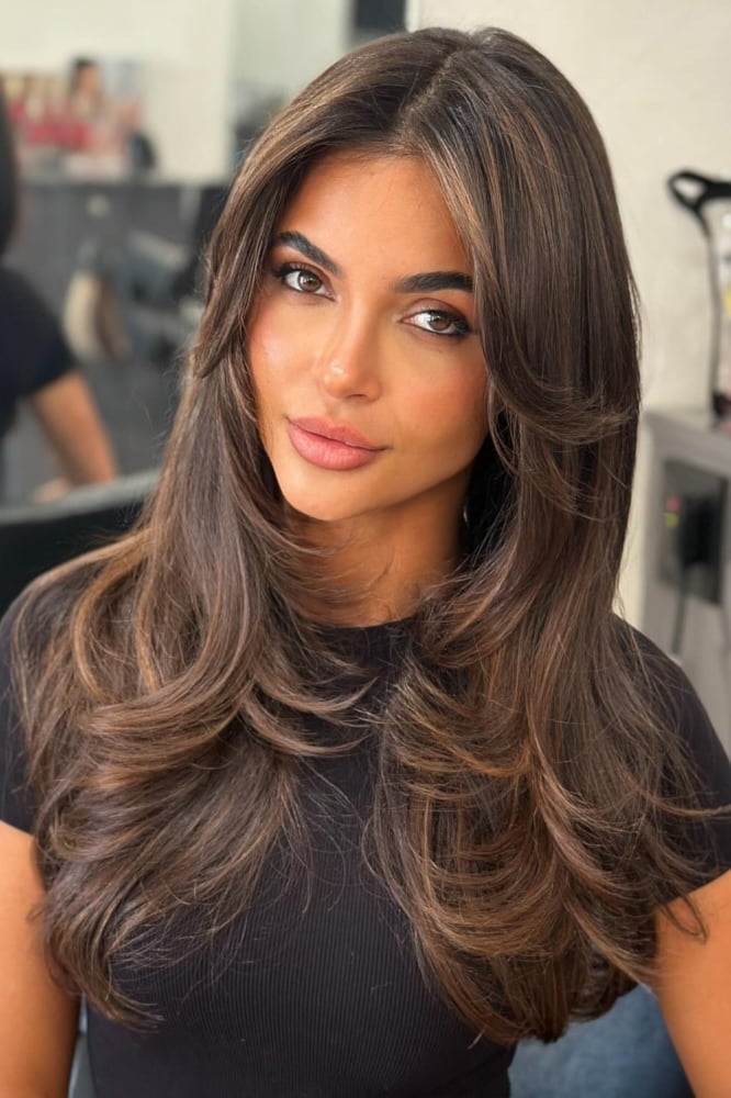 Long Dark Brown Hair With Curtain Bangs Long Dark Brown Hair With Curtain Bangs — Classy Face Framing Layers