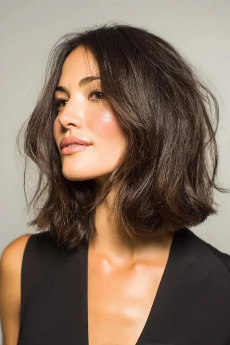 Chin Length Wavy Dark Brown Layered Bob Chin Length Wavy Dark Brown Layered Bob — Classy Face Framing Layers