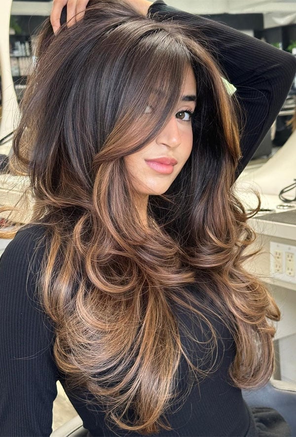 Mid-Back Dark Brown With Caramel Highlights Mid-Back Dark Brown With Caramel Highlights — Classy Face Framing Layers