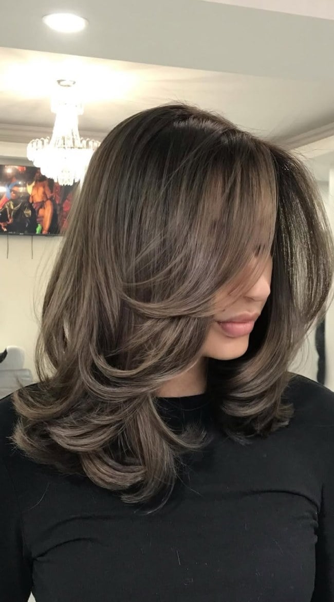 Shoulder Ash Brown With Curtain Bangs Shoulder Ash Brown With Curtain Bangs — Classy Face Framing Layers
