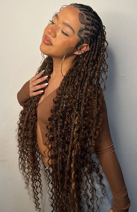 Long Brown Braids With Voluminous Curly Ends and Blonde Highlights — Classy Feed in Braids Hairstyles