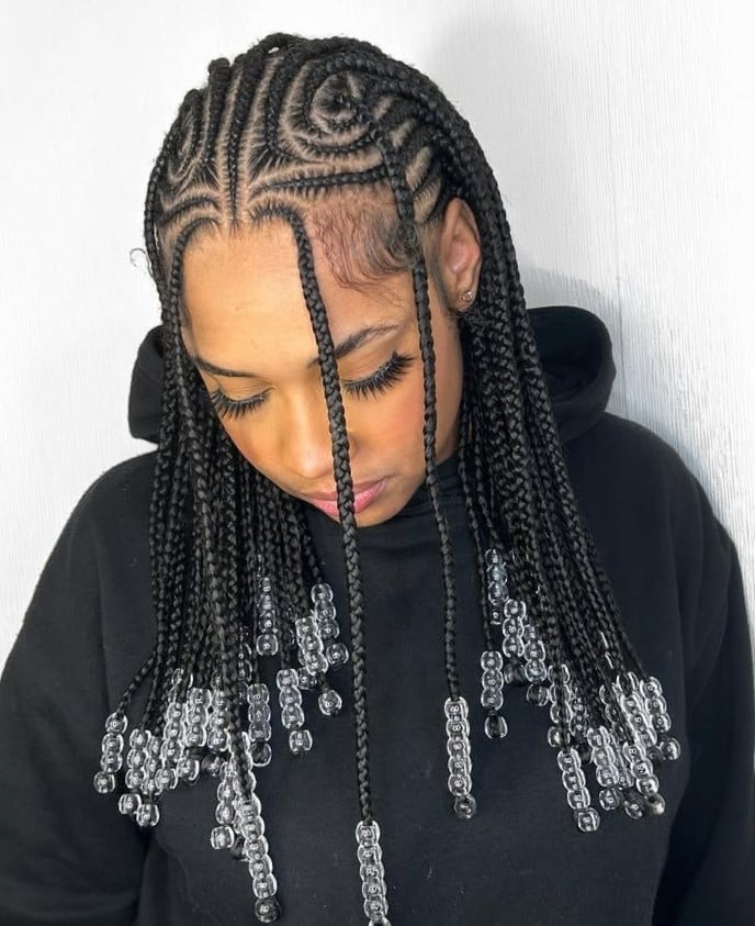 Thin Mid-Back Black Braids With Geometric Patterns and Beads — Classy Feed in Braids Hairstyles