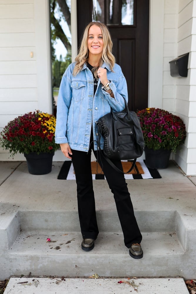 Light Wash Denim Jacket Over Black Jeans Light Wash Denim Jacket Over Black Jeans — Classy Flare Jeans Outfits