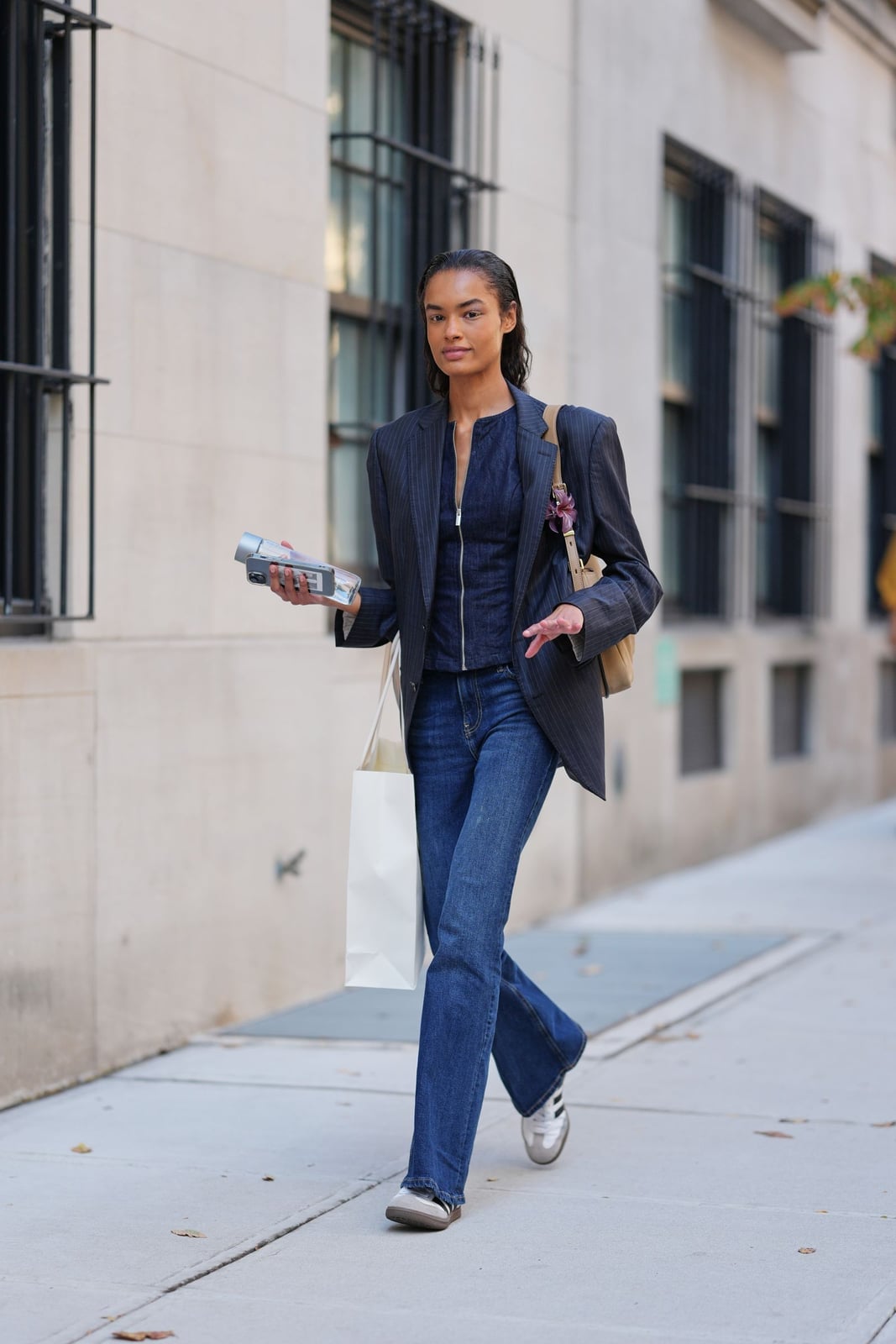 Denim Corset Top And Pinstripe Blazer Denim Corset Top And Pinstripe Blazer — Classy Flare Jeans Outfits