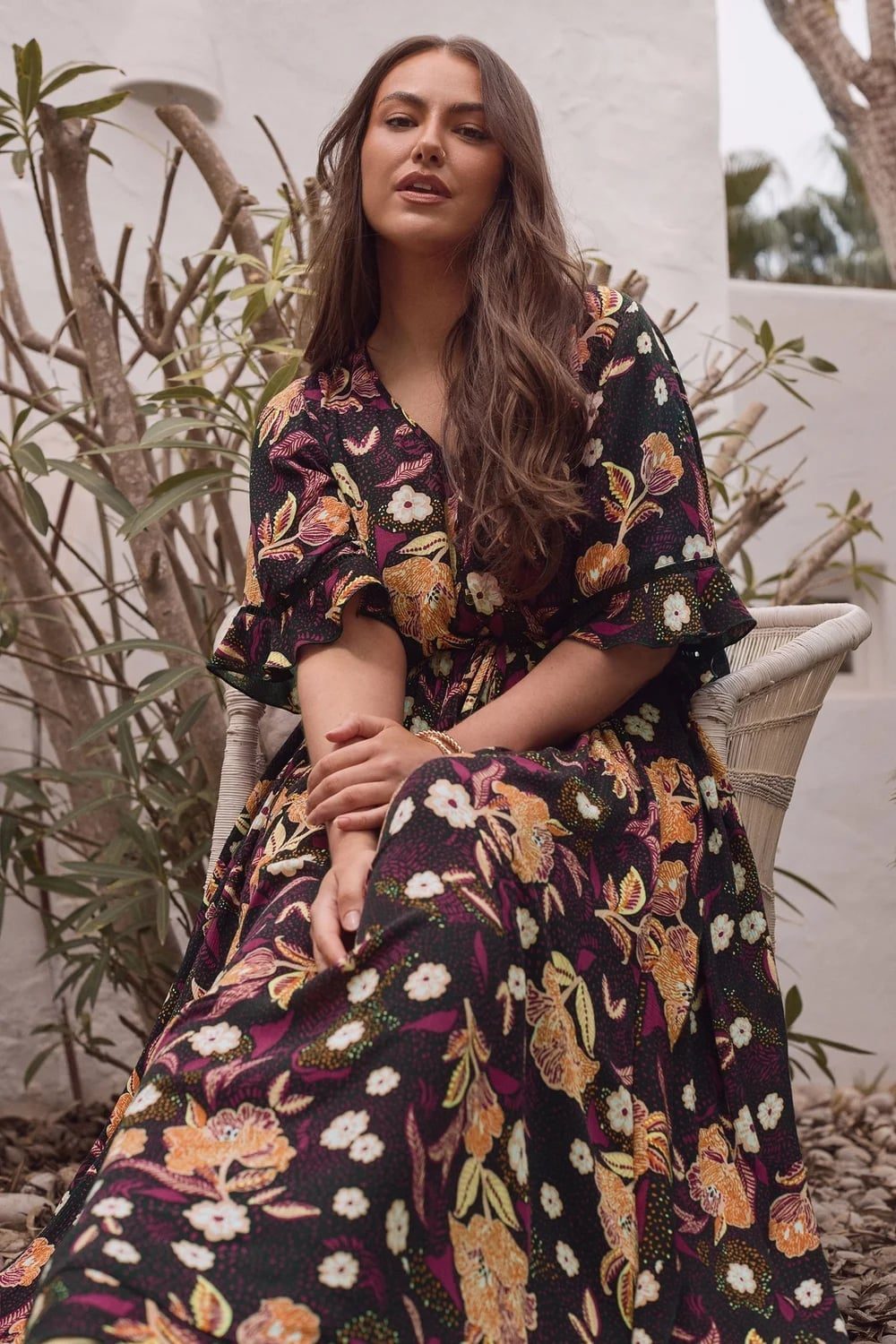 Dark Floral Print Crinkle Fabric Dress — Classy Floral Outfits