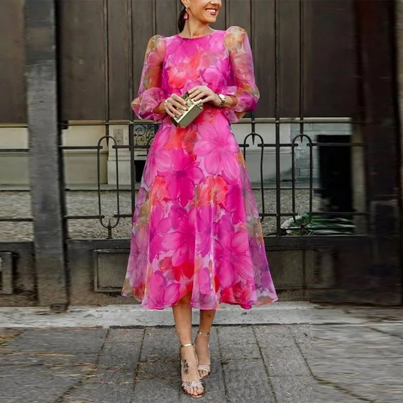 Pink and Orange Floral Midi Dress with Sheer Sleeves — Classy Floral Outfits