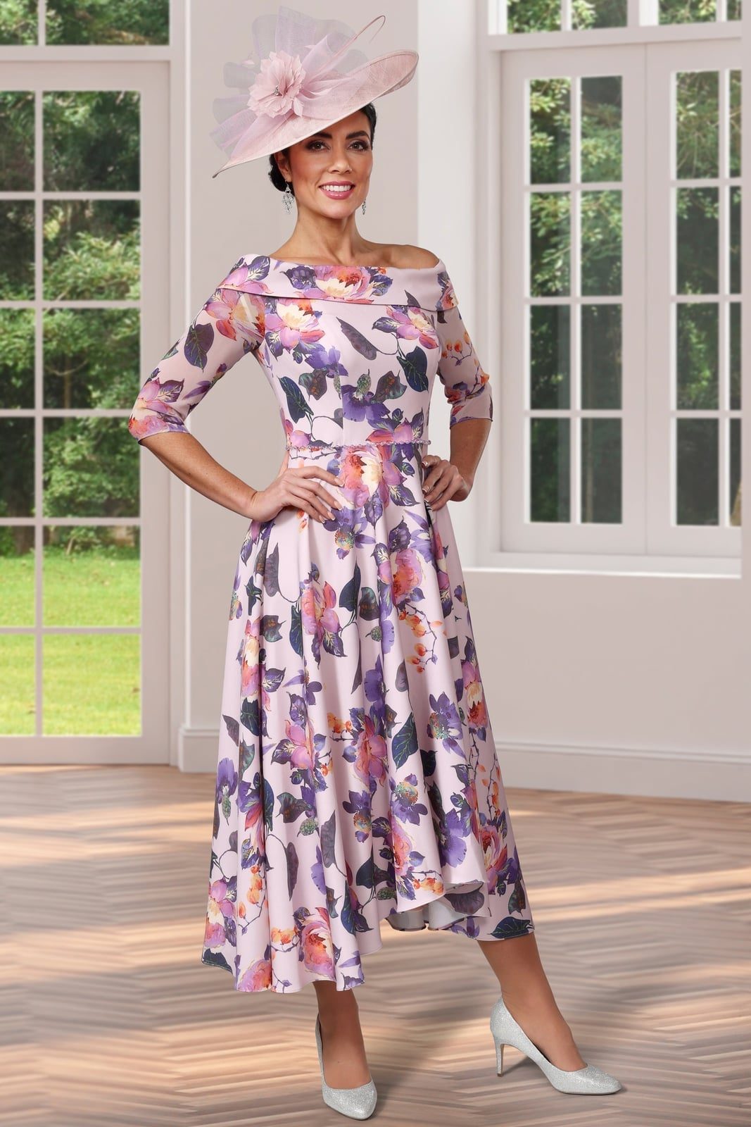 Pink Floral Print Occasion Dress with Bardot Neckline — Classy Floral Outfits