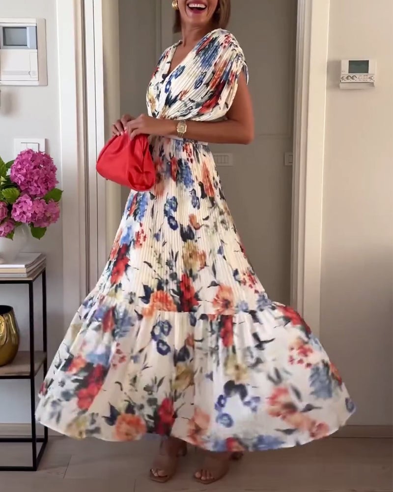 White Maxi Dress with Multi-Color Floral Print and Tiered Skirt — Classy Floral Outfits