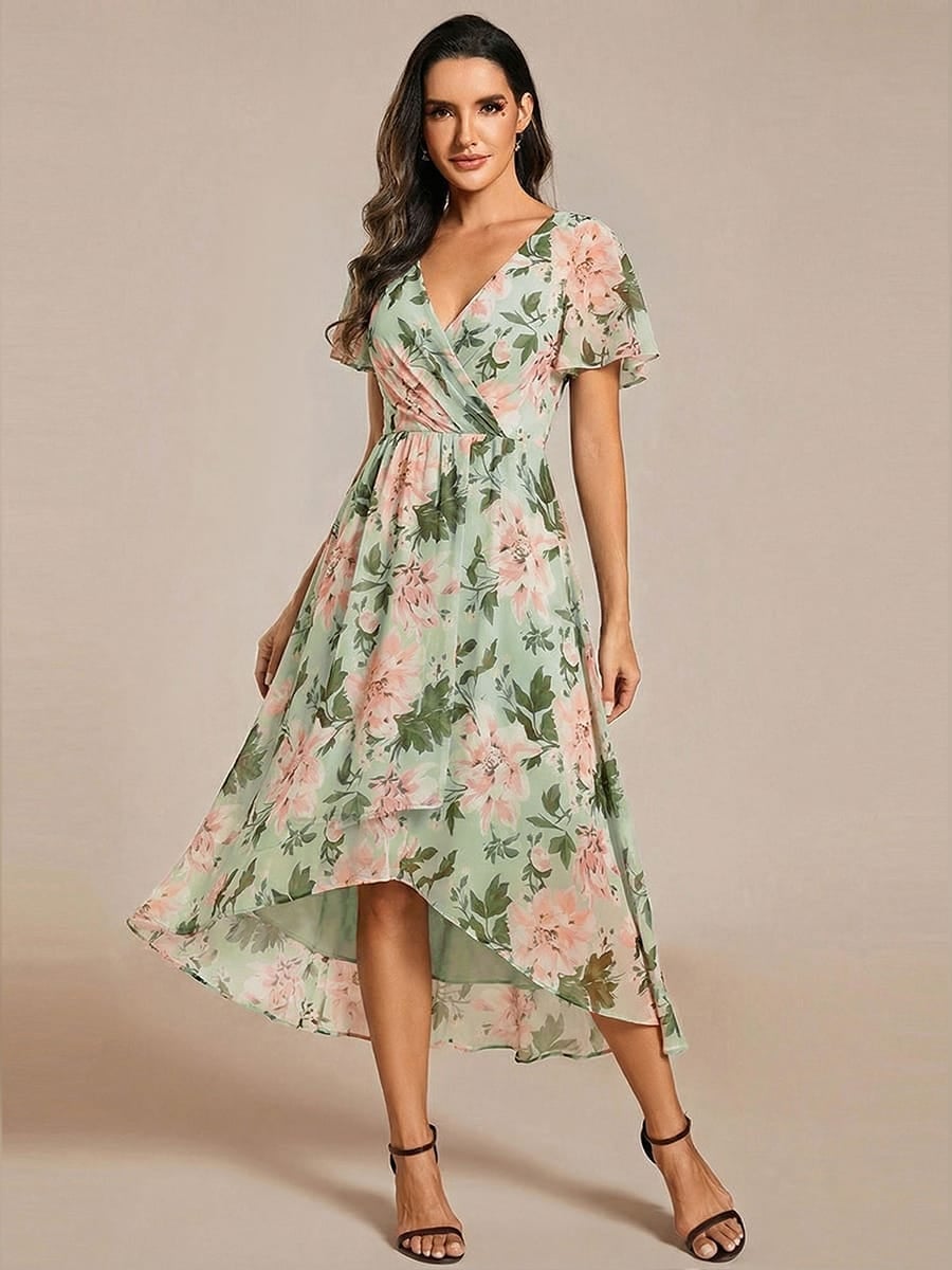 Mint Green Chiffon Dress with Floral Print and High-Low Hem — Classy Floral Outfits