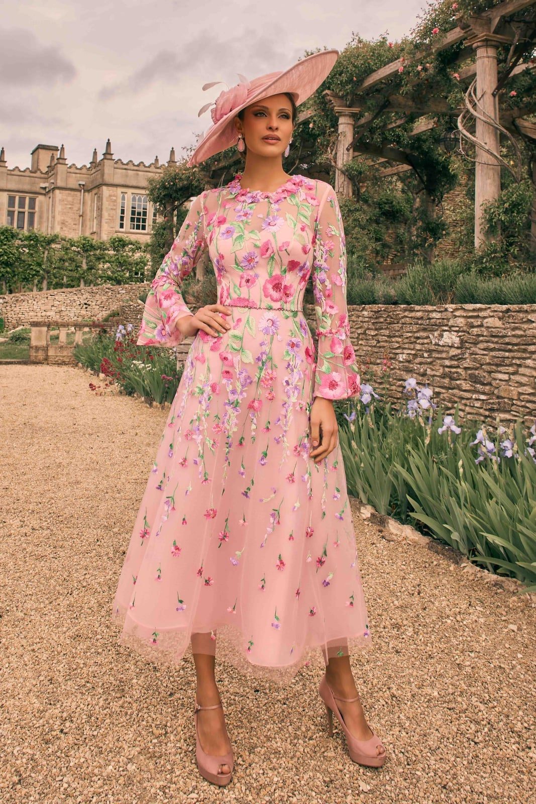 Pale Pink Midi Dress with Floral Embroidery — Classy Floral Outfits