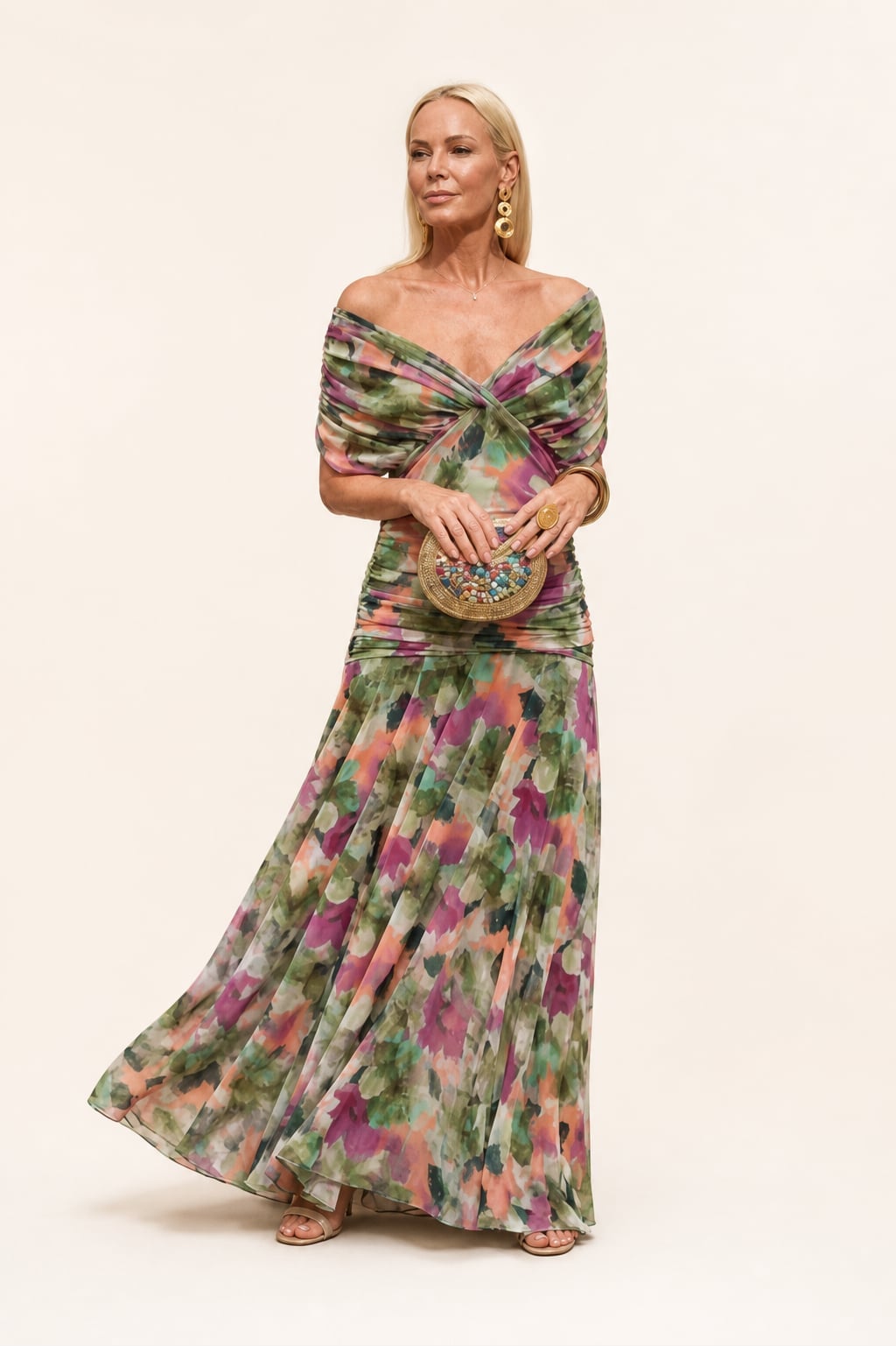 Floral Print Maxi Dress with Ruched Bodice and Draped Top — Classy Floral Outfits