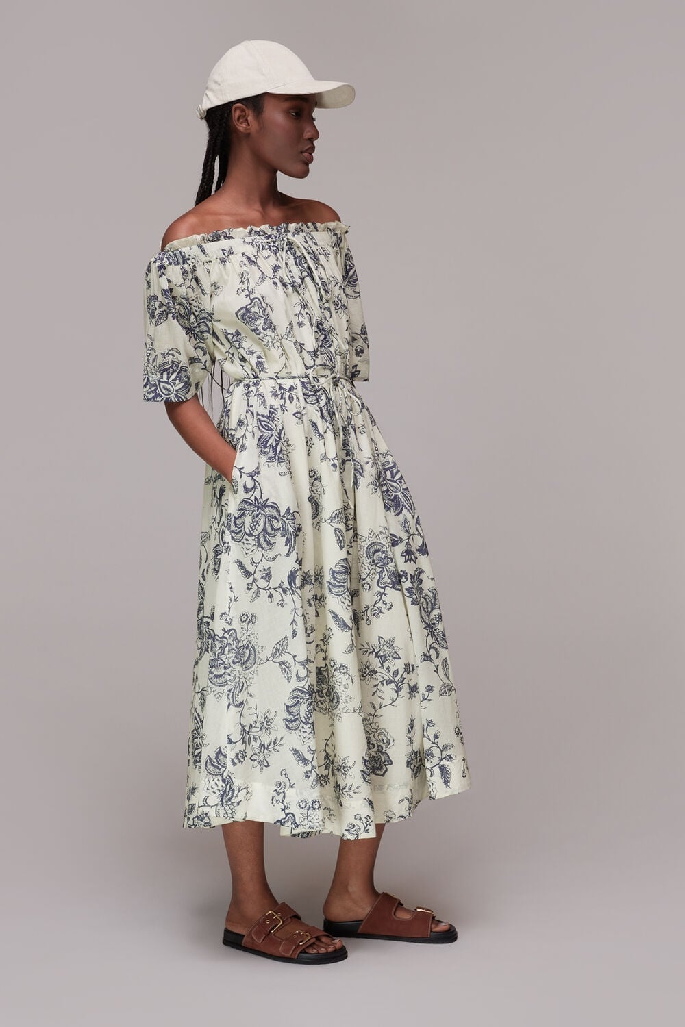 Pale Yellow Off-The-Shoulder Midi Dress with Blue Floral Print — Classy Floral Outfits