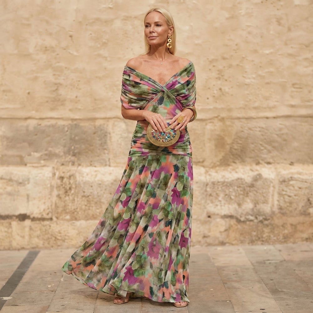 Green Pink and Purple Floral Maxi Dress with Draped Overlay — Classy Floral Outfits