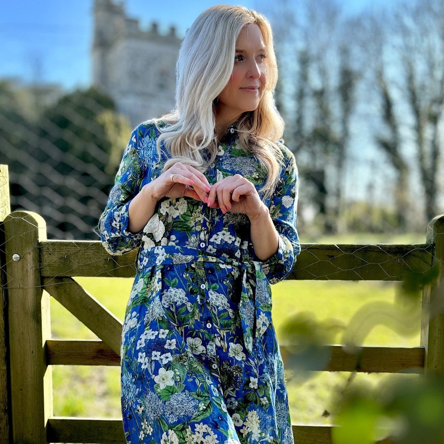 Blue and White Floral Linen Shirt Dress — Classy Floral Outfits