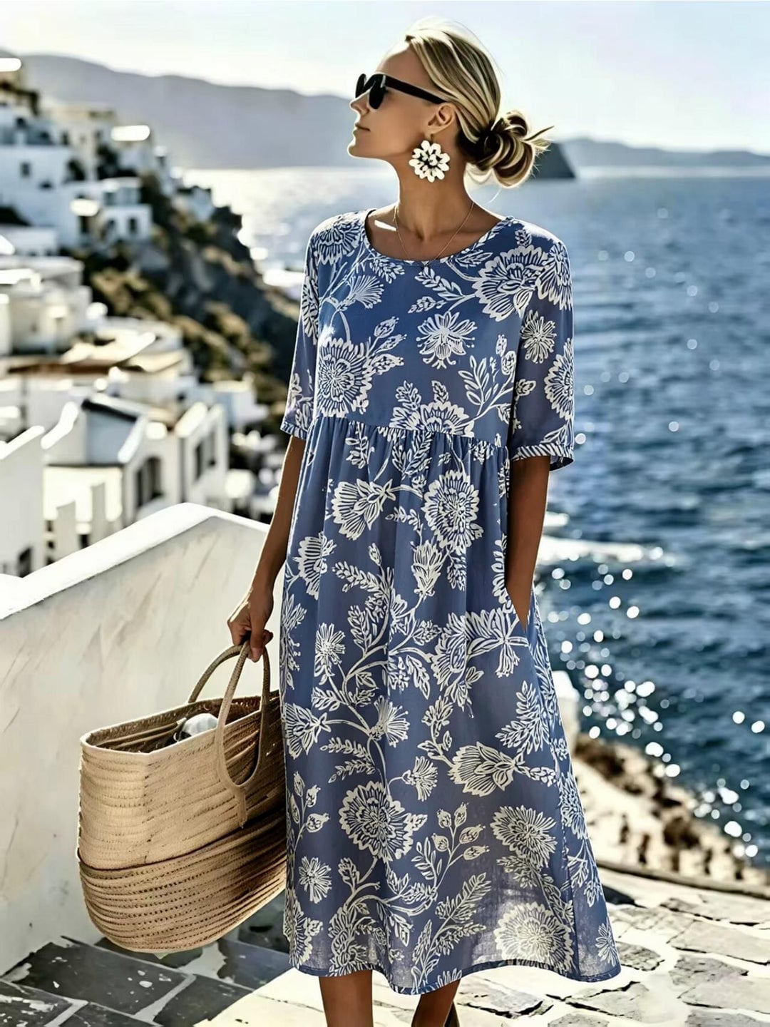 Blue Floral Print Babydoll Midi Dress With Short Sleeves — Classy Floral Outfits