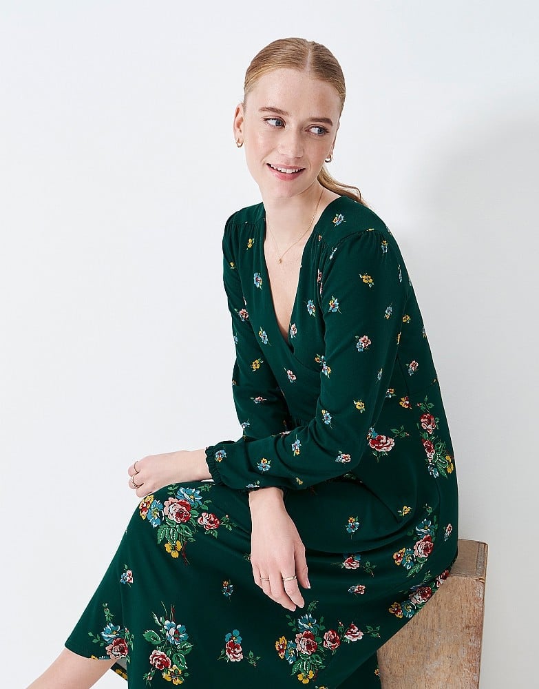 Dark Green Floral Wrap Dress — Classy Floral Outfits