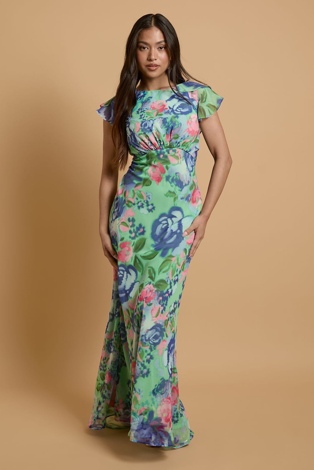 Green Chiffon Maxi Dress with Ruched Bodice — Classy Floral Outfits