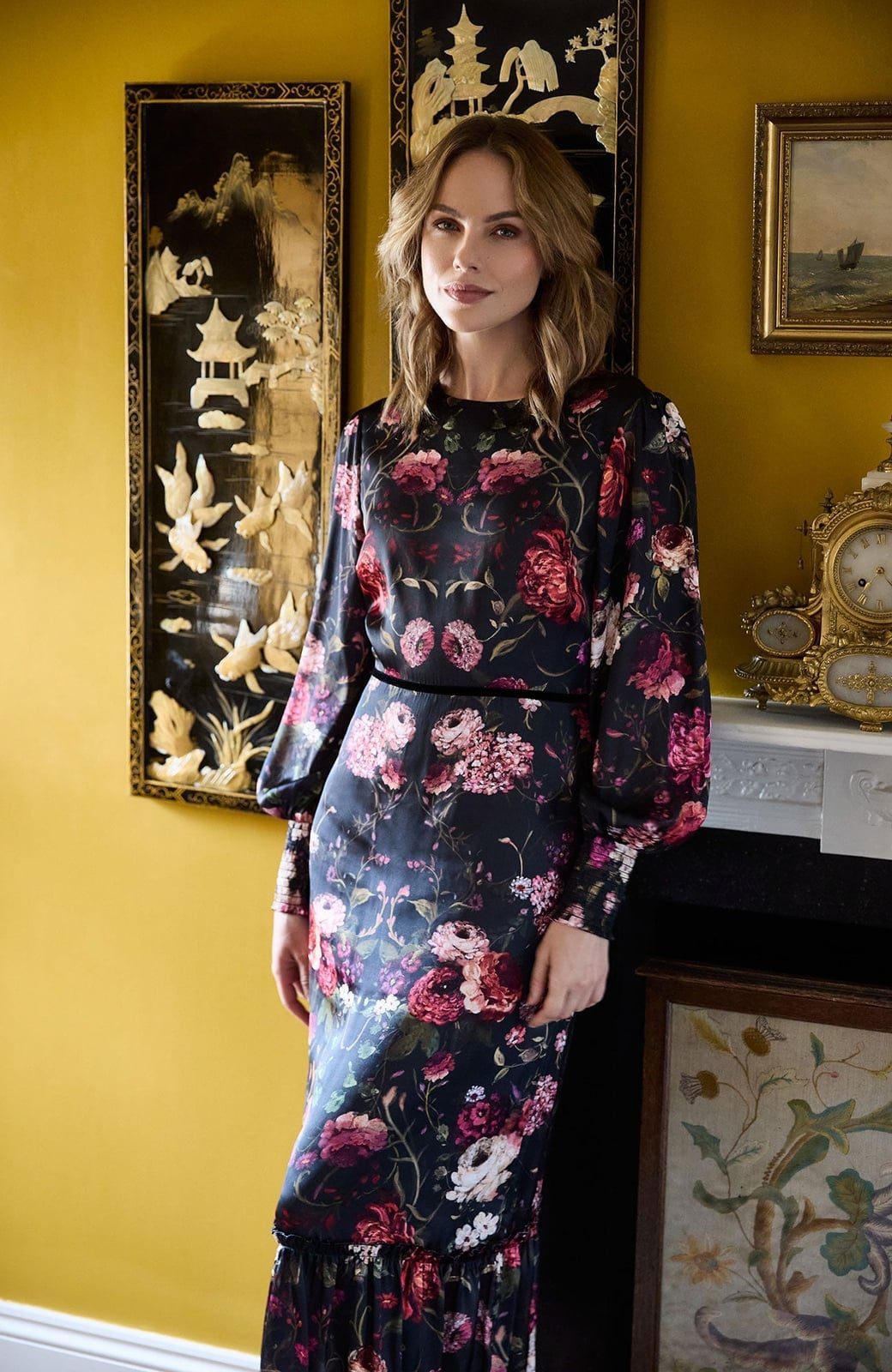 Dark Floral Print Long-Sleeved Dress with Velvet Trim — Classy Floral Outfits