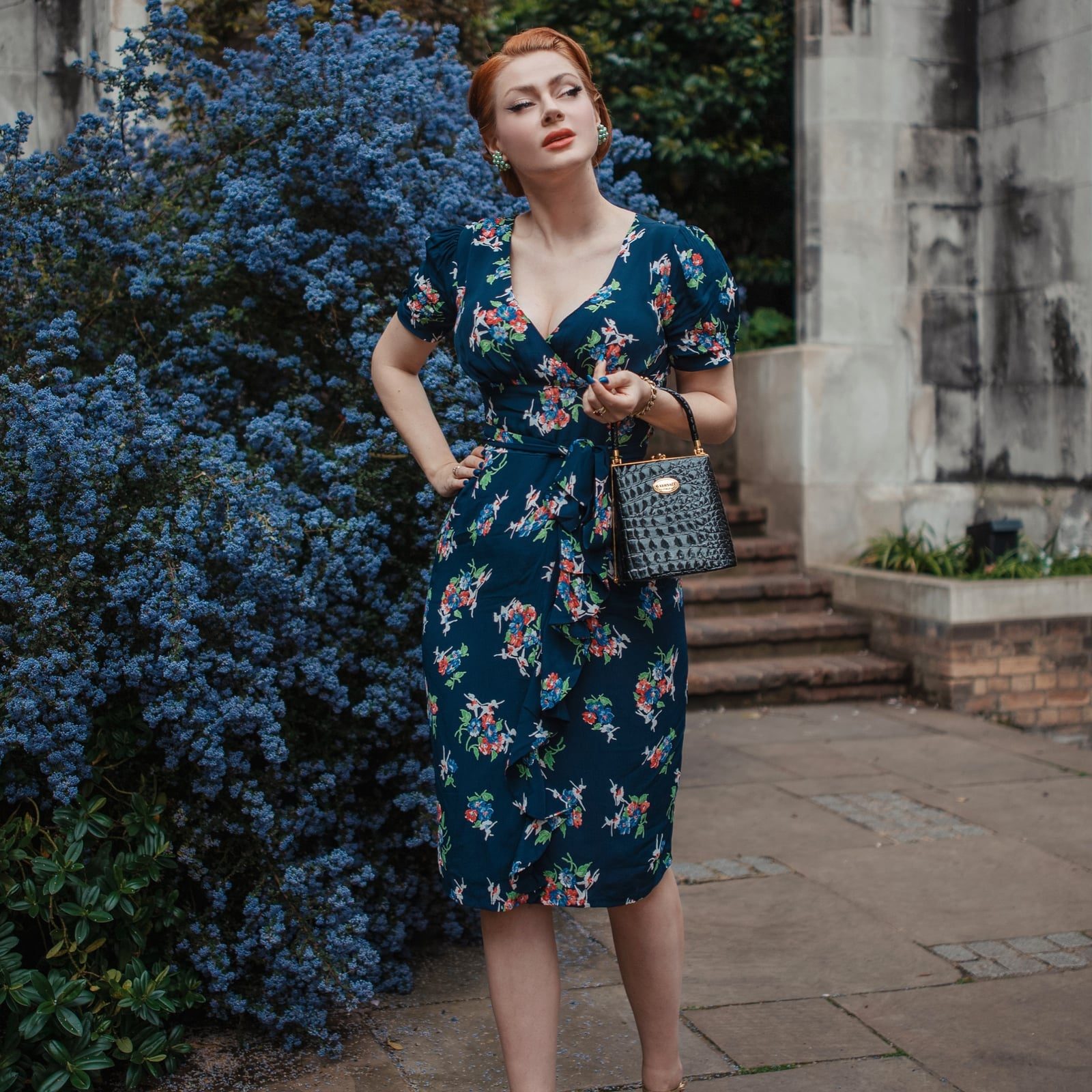 Navy Floral Print Wrap Dress — Classy Floral Outfits