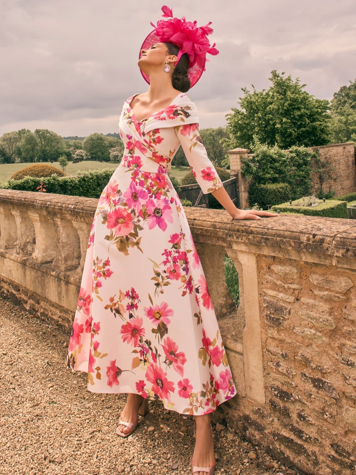 White Off-The-Shoulder Dress with Pink Floral Print — Classy Floral Outfits