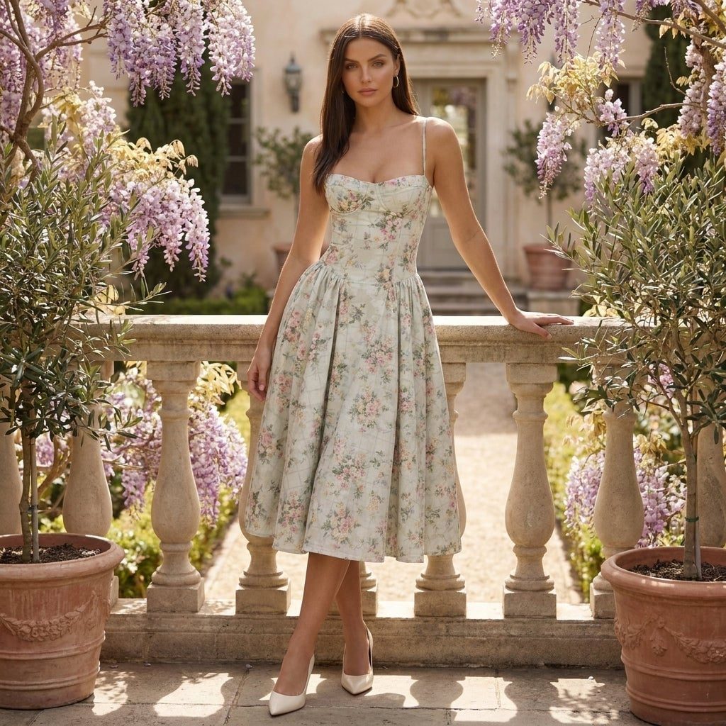 Pale Green Floral Midi Dress with Sweetheart Neckline — Classy Floral Outfits