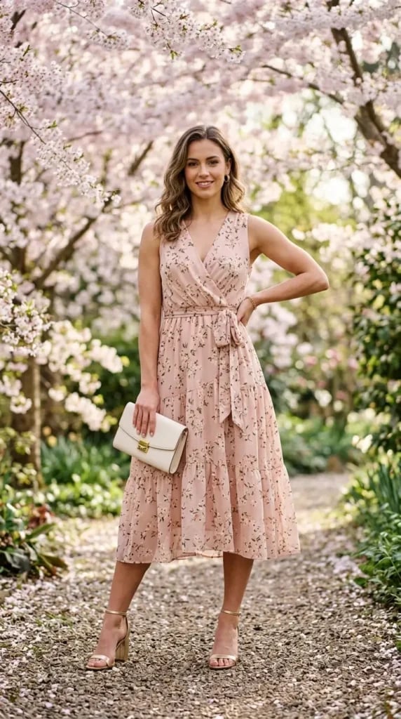 Pale Pink Floral Wrap Dress with Tiered Skirt — Classy Floral Outfits
